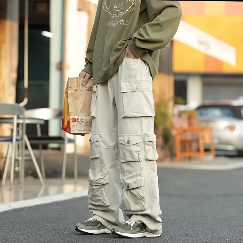 sanyamk Men's Multi-pockets Cargo Pants Autumn Vintage Solid Color Hiphop Overalls Baggy Casual High Street Mopping Trousers