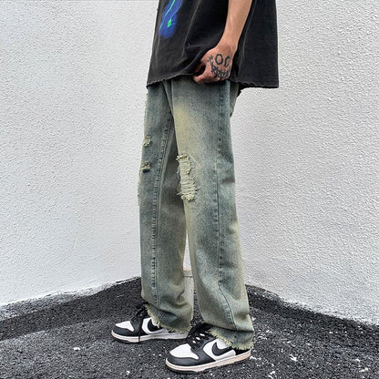 Bonsir Blue green Ripped Vintage Man's Distressed Jeans Streetwear Hole Hip Hop Jean Pants Summer Fashion Straight Denim Trousers