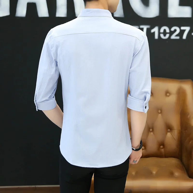 sanyamk 2024 New Summer Men's Stand Collar Solid Color Single-breasted High Street Slim Casual 3/4 Sleeve Young Style Shirt Tops