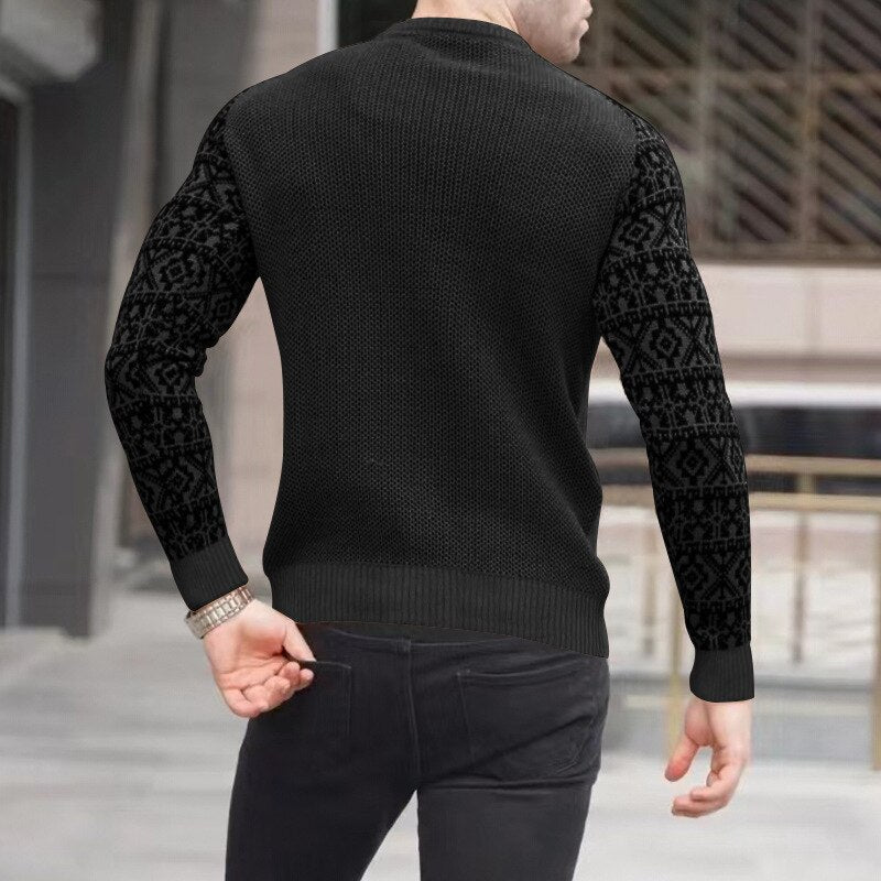 Bonsir Vintage Pattern Patchwork Long Sleeve Sweater Men Autumn Fashion Crew Neck Knitted Tops Pullover Mens Casual Slim Knit Sweaters