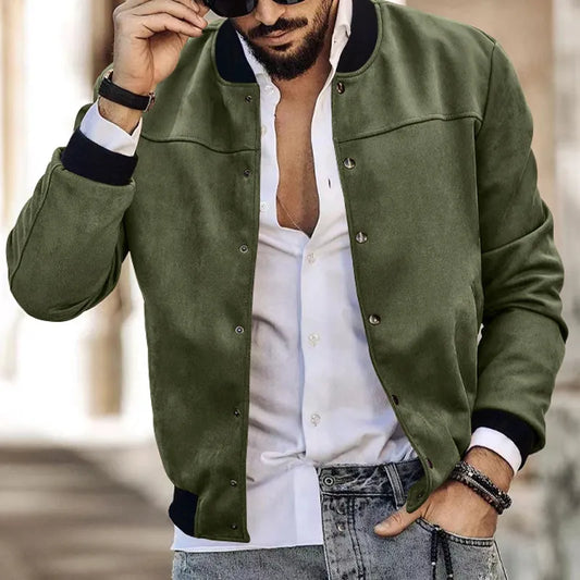 Bonsir Autumn Winter Vintage Suede Jacket Men Stand Collar Long Sleeve With Zipper Button Short Coats Solid Color High Street Jackets