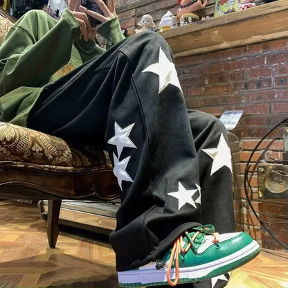 Bonsir Street American Vintage Print Star Casual Sports Pants Men Spring Autumn Pocket Elastic Waist Drawstring Loose Straight Trousers