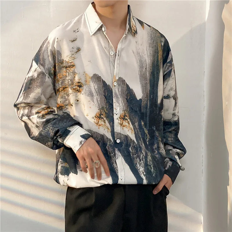 sanyamk Vintage Summer Tie-dyed Painting Shirt Men Hip Hop Loose Long Sleeve Shirt Male Fashion Hawaii Button Long Sleeve Blouse Tops