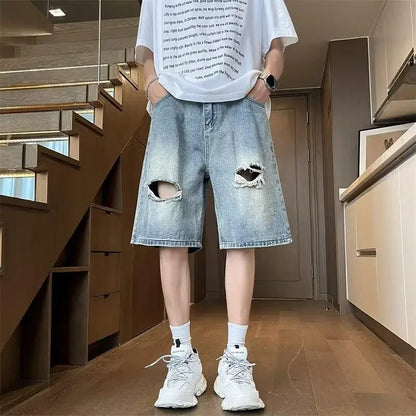 sanyamk American Style Ripped Men's Summer Thin Midwaist Versatile Loose-fit Straight-leg Denim Shorts Five-fourths Shorts