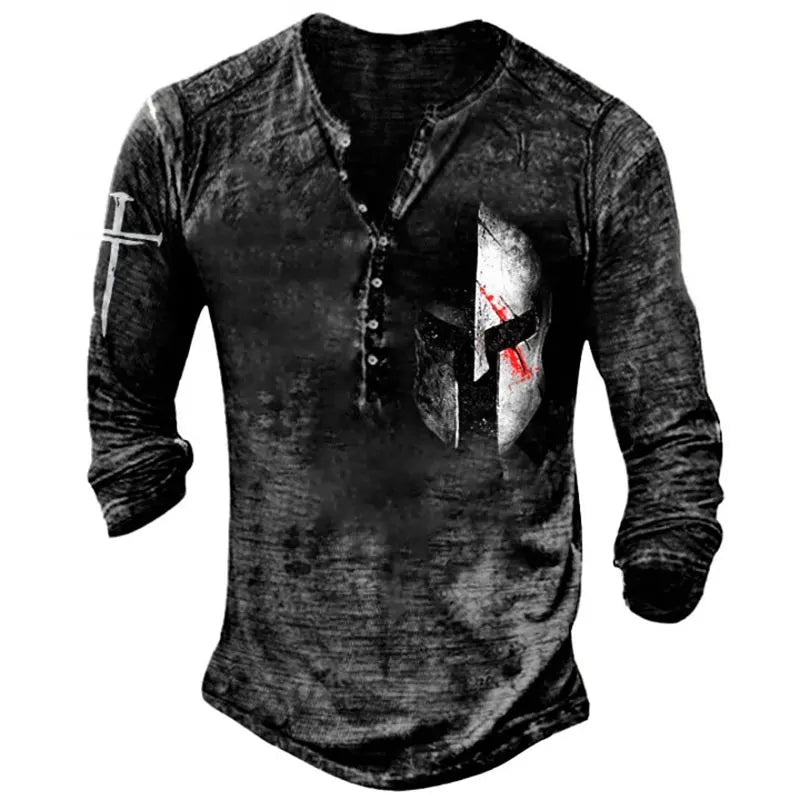 sanyamk Men's T-Shirt Outdoor Warrior Print T-Shirt Henley Shirt Vintage Style Long Sleeve Shirt, Men's Clothing L-5XL