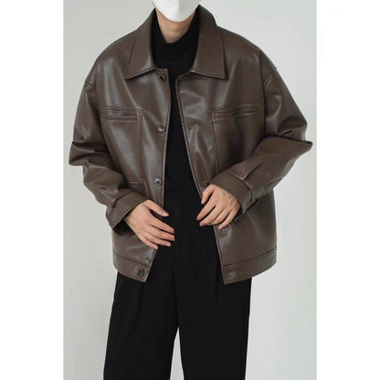 sanyamk Men's Vintage Korean PU Leather Streetwear Jacket Lapel Collar Casual Loose Short Coat Fashion Trend Outerwear Size M-2XL