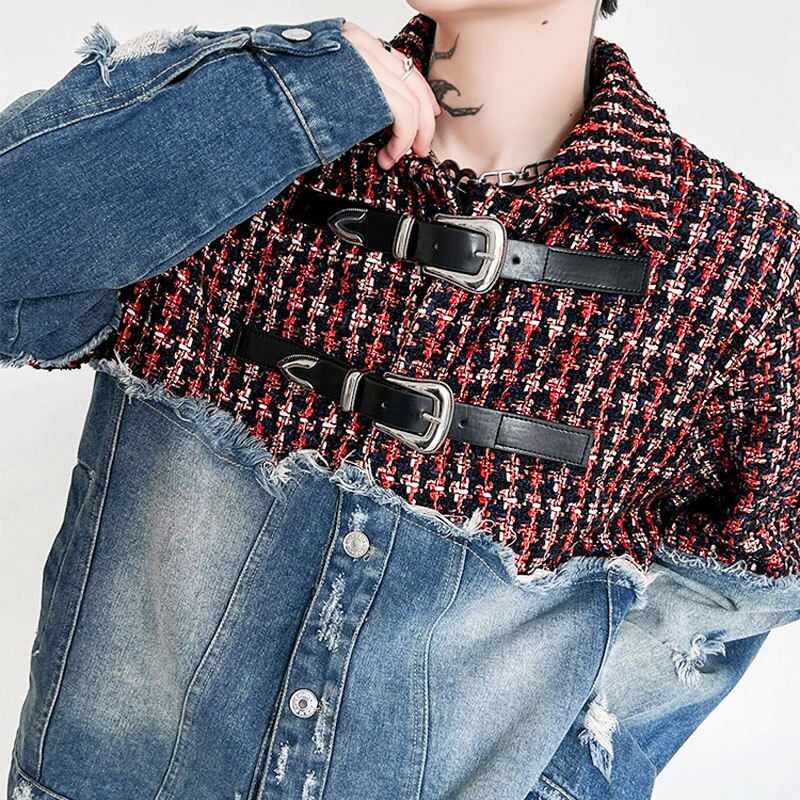 sanyamk Men Plaid Wool Denim Patchwork Streetwear Fashion Loose Casual Vintage Fashion Jacket Male Women Hip Hop Coat Outerwear