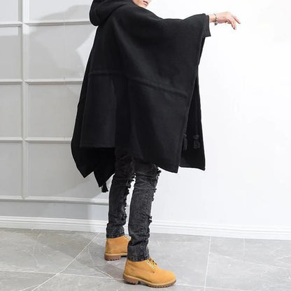 sanyamk Mens Dark Style Mid-Length Casual Hooded Cape Autumn And Winter Genderless Fashion Retro Loose Solid Color Shawl Cape Unisex