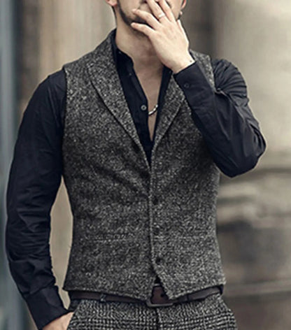 sanyamk New Men Suit Ves Classic Herringbone Pattern Business Waistcoat Notch Lapel Wool Tweed Groomsmen Waistcoat Vests For Men