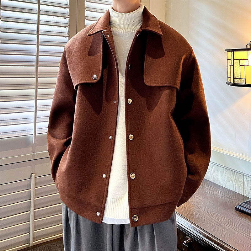 Bonsir Autumn and Winter Thickened Lapel Woolen Jacket Men's Patchwork Design Turn-down Collar Loose Casual Coat Trend