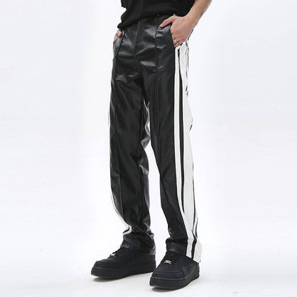 Bonsir Side Striped Straight Pu Leather Pants for Men High Street Breathable Harajuku Loose Track Pants Oversized Casual Trousers