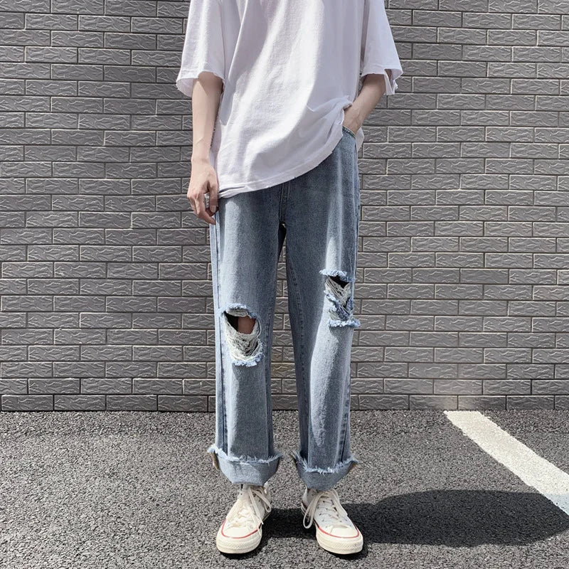 sanyamk Spring and Summer New Men's Torn Jeans Street Hip-hop Loose Wide Leg Pants Thin Fur Pants Brand Men's Clothing Ripped