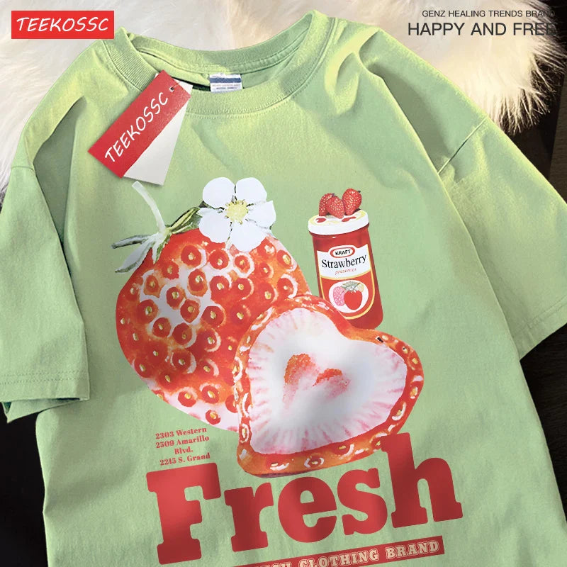 sanyamk  Fresh Strawberry American Retro Creative Printed Short Sleeved T-shirt Men Women Trendy Brand Loose Versatile Half Sleeved Shirt