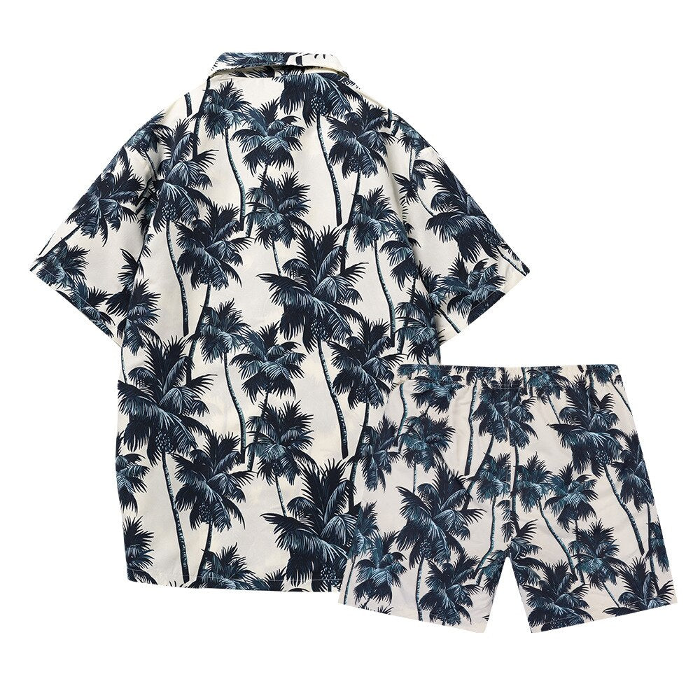 sanyamk Summer Men's Beach Casual Suit Handsome Short-sleeved Shorts Coconut Tree Print Vacation Hawaiian Shirt Shorts Two-piece Set