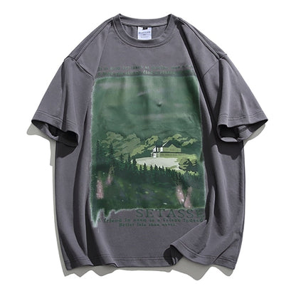 Bonsir Summer Vintage Cotton T-Shirt Men Printed Pattern Baggy Tees Fashion Korean Streetwear Short Sleeve Tops Clothing Male Plus Size