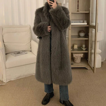 Bonsir Imitation Fox Fur Coat For Men New Autumn Winter Warm Thickened Long Fashion Elegant Solid Simple Loose Stand-Up Coat