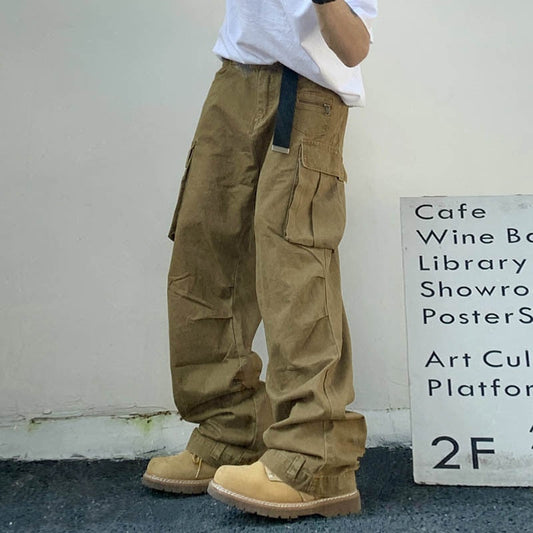 sanyamk Retro Multi-pockets Streetwear Wide Leg Casual Men's Cargo Pants Solid Color Straight Harajuku Hip Hop Loose Trousers Overalls