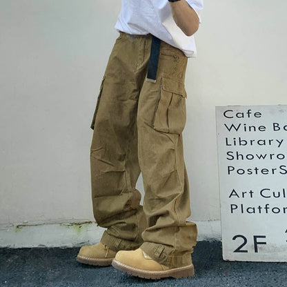 Bonsir Retro Multi-pockets Streetwear Wide Leg Casual Men's Cargo Pants Solid Color Straight Harajuku Hip Hop Loose Trousers Overalls