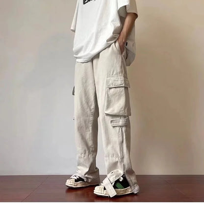 Bonsir Summer Thin American Retro Multi Pocket Overalls for Men Trousers and Women Loose Ins Fashion Brand White Straight Casual Pants