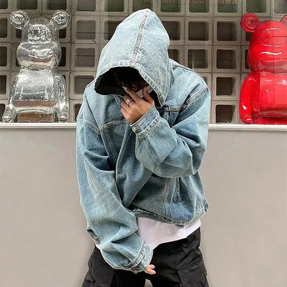 sanyamk Mens Autumn Winter Fashion Denim Washed Distressed Retro Hoodie Genderless Street Fashion Casual Loose Denim Sweatshirt Unisex