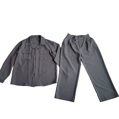 sanyamk Autumn Grey Black Sets Men Fashion Retro Pocket Long-sleeved Shirt/trousers Two-piece Men Korean Loose Casual Mens Sets M-2XL