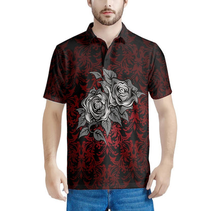 sanyamk Gothic Rose Pattern 2022 Summer Casual Polo Shirt Men Short Sleeve Turn Down Collar Slim Fit Holiday Beach Party Eye-catching