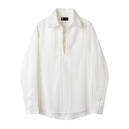 Bonsir Streetwear Mens V Neck Shirt Tops Spring Long-sleeve Drawstring Lace-up Lapel Shirts Men Vintage Pleated Solid Color Fresh Tops