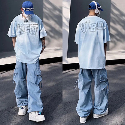 Bonsir American vibe high street men blue overalls men and women summer trend hiphop all-match loose straight couple casual pants