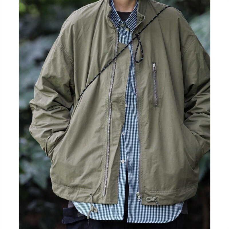 sanyamk Nobodyknows Japanese Retro Stand Collar Jacket Simple Outdoor Solid Casual Loose Unisex Jacket Functional Pocket Military Coats