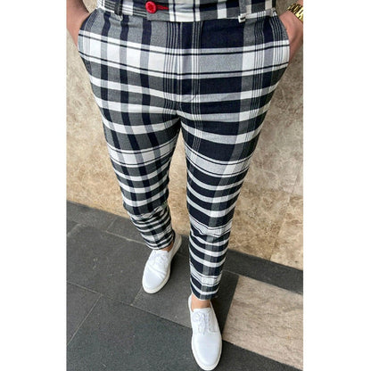 Bonsir Vintage Plaid Print Slim Pencil Pants Men Casual Mid Waist Straight Trousers 2023 Spring Fall Leisure Mens Long Pant Streetwear