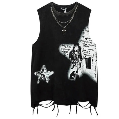 sanyamk Mens Y2k Washed Tassel Sleeveless T-shirt 2024 New Summer Rock Print Punk Gothic Vest Streetwear Retro Harajuku Vest Unisex