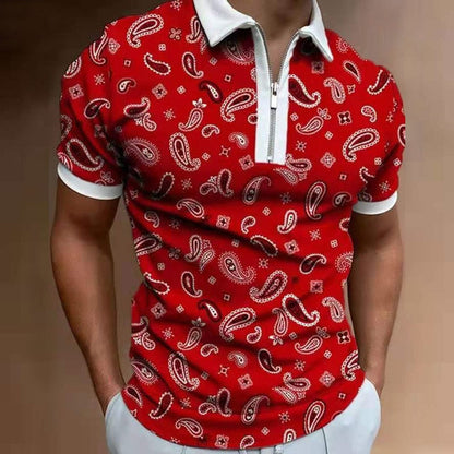 sanyamk Summer New Short Sleeve Printed Slim Fit Zip Lapel Men's Polo Shirt