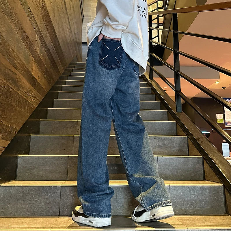 sanyamk Black/Blue Spring New Straight Jeans Men Women Wide Leg Denim Skateboard Trousers Fashion Boyfriend Pants Male