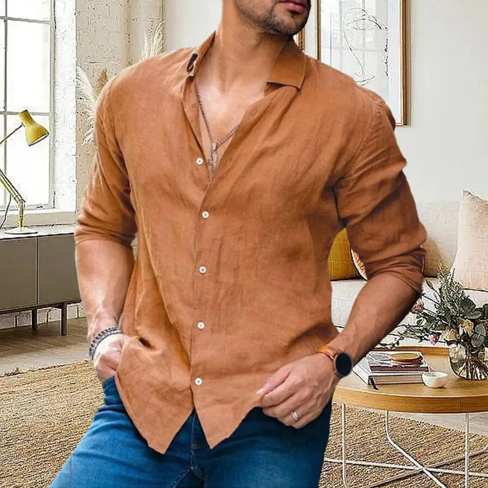 sanyamk Men Spring Shirt Lapel Button Solid Color Long Sleeves Single-breasted Daily Wear Mid Length Soft Men Autumn Top Male Clothes