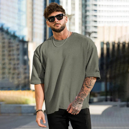 sanyamk Summer Men's Ribbed T Shirts Fashion Letter Embroidery Loose Short Sleeve Tees 2024 Streetwear Men Clothes Casual Pullover Tops