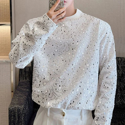 sanyamk Mens Autumn Y2k Sequined Korean Style Loose Long-Sleeved T-Shirt Autumn Genderless Nightclub Personalized Fashion Tops Unisex