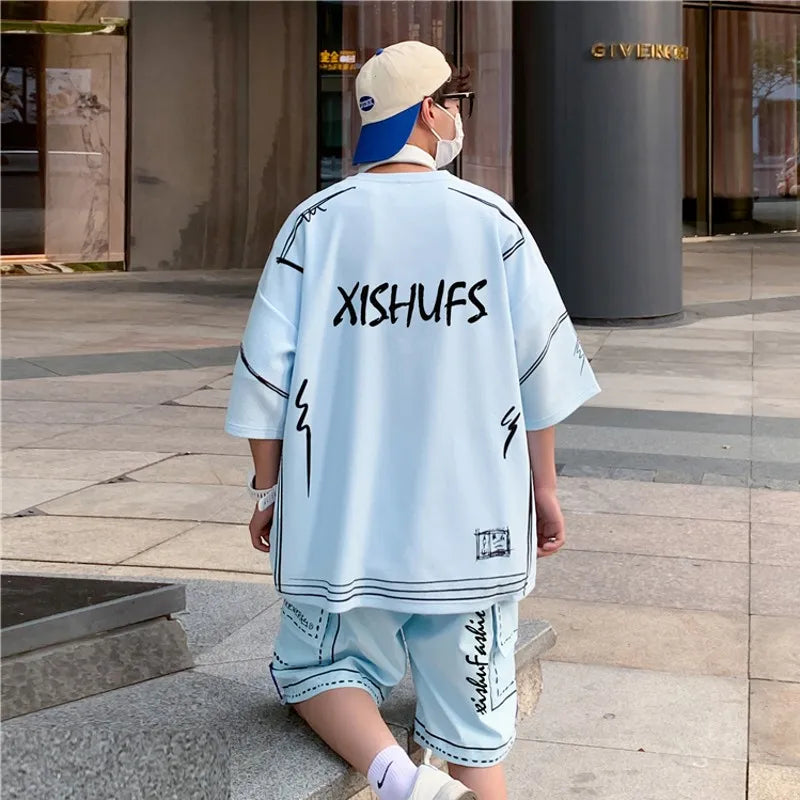 Bonsir Summer 2 piece Men's Sets Shorts T-shirts Funny Hand-painted Costume Short Sleeve Oversize Sweatsuit Streetwear Graffiti Clothes