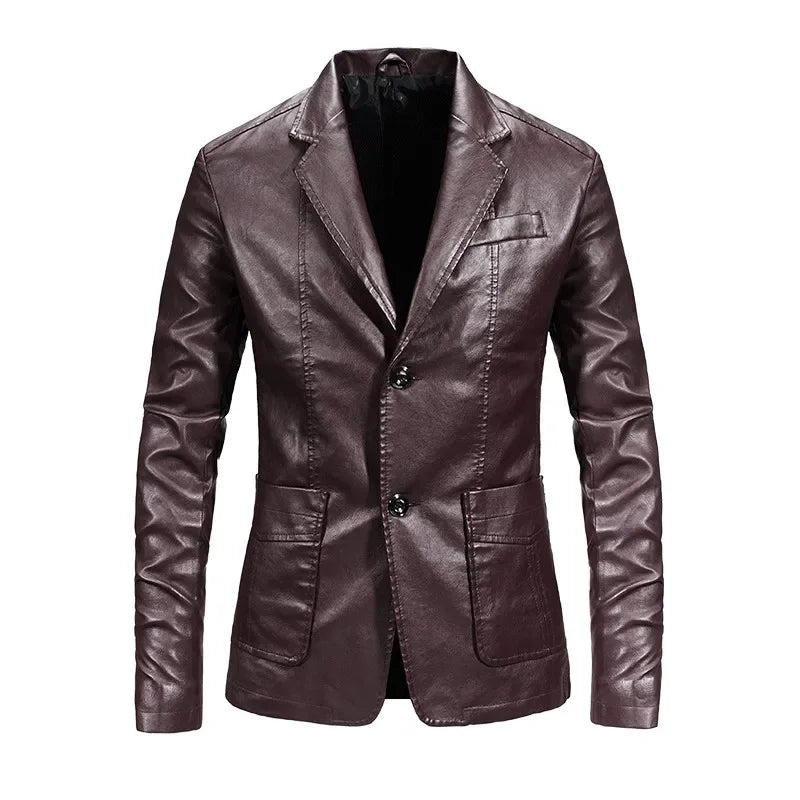 sanyamk Spring Autumn Men's Fashion Casual Motorcycle Leather Coat / Male Slim Fit Solid Colour Single Breasted Pu Suit Jacket