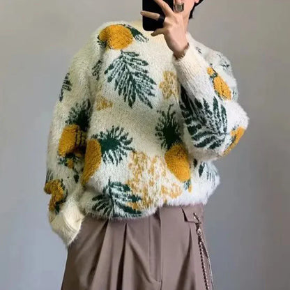 sanyamk Mens Autumn Winter Y2k Pineapple Jacquard Knitted Sweater Genderless Fashion Trend Casual Loose Lazy Style Couple Sweater Unisex