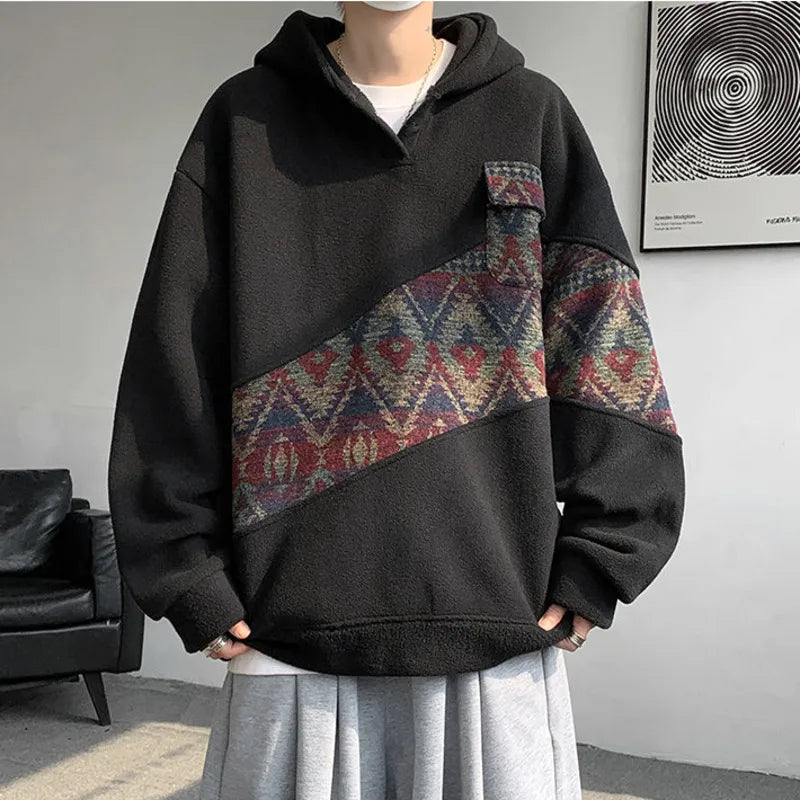 sanyamk  -  Korean Style Patchwork Men's Hoodie Contrast Color Pockets Casual Warm Male Fleece Sweatshirts  2024 Autumn Winter 9C8850