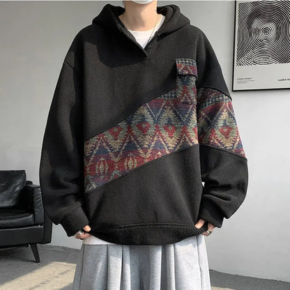 sanyamk  -  Korean Style Patchwork Men's Hoodie Contrast Color Pockets Casual Warm Male Fleece Sweatshirts  2024 Autumn Winter 9C8850