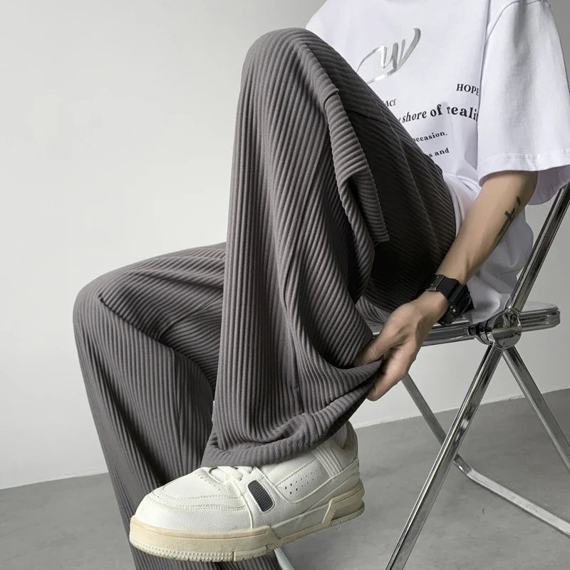 Bonsir Summer Casual Pants Men Fashion Oversized Wide Leg Pants Men Trousers Streetwear Korean Loose Pleated Pants Mens Ice Silk Pants