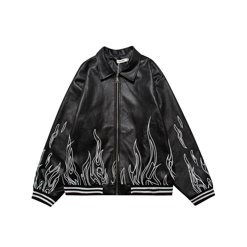 Bonsir Back Letter Flocking Embroidery Bottom Flame Pu Leather Coats for Men and Women Harajuku Hip Hop Loose Autumn Jackets Oversize