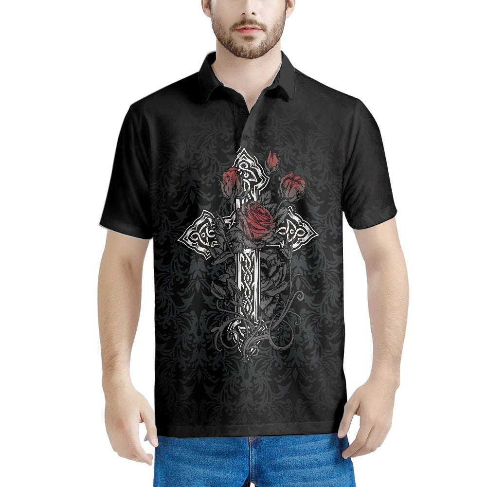 sanyamk Gothic Rose Pattern 2022 Summer Casual Polo Shirt Men Short Sleeve Turn Down Collar Slim Fit Holiday Beach Party Eye-catching