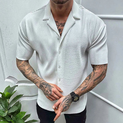 sanyamk Leisure Solid Color Ribbed Shirts Men Clothes Fashion Short Sleeve Lapel Button Shirt 2023 Spring Summer Men's Casual Streetwear