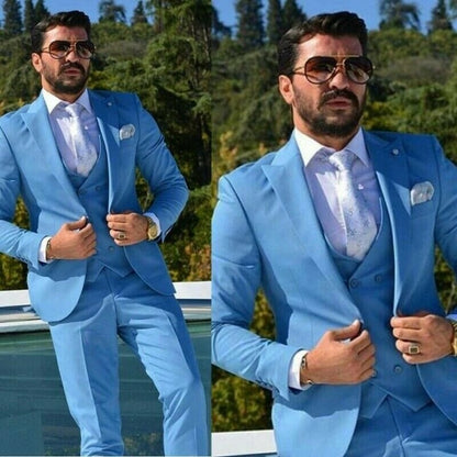 sanyamk The New Formal Fashion Blue Suits For Men's Groom Wedding Wear Suits Slim Tuxedos Peak Lapel Custom Made 3 Pieces