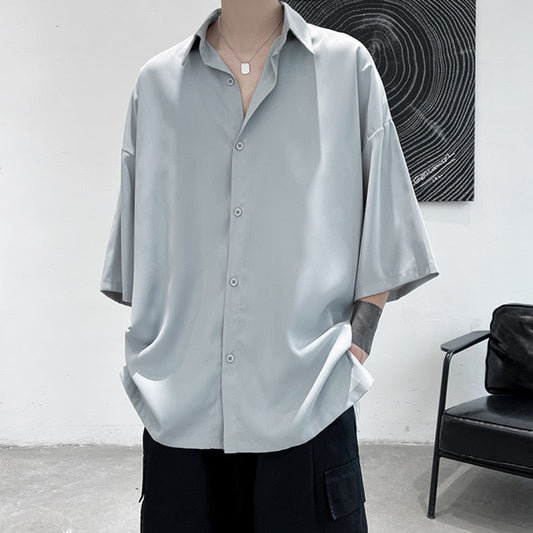 sanyamk Half Sleeve Men Solid Shirts Summer Casual Oversize Blouses White Fashion Male Cardigan Vintage Korean Clothing