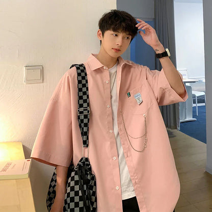 sanyamk Summer Men'S Short-Sleeved Shirt Oversized Korean Version Of The Top Chain Pendant Harajuku Streetwear Men'S Shirt Men