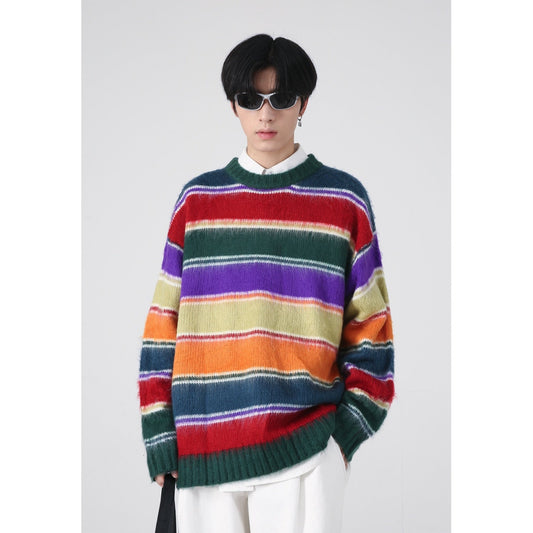 sanyamk Men Women Korean Streetwear Fashion Colors Stripe Loose Casual Vintage Pullover Sweater Male Hip Hop Knitwear Sweater Coat