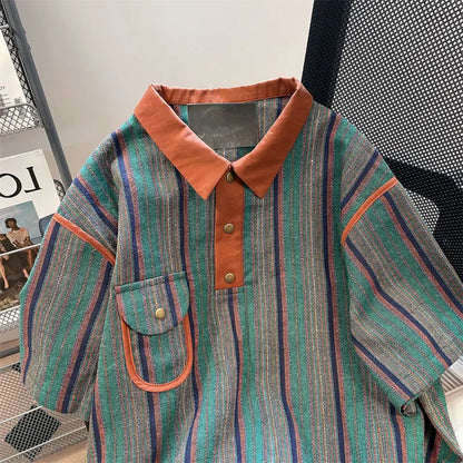 sanyamk 2024 New Summer Hong Kong Style Niche Trendy Brand Casual Loose Oversized Lapel Contrasting Stripes Short Sleeved Polo Shirt Top